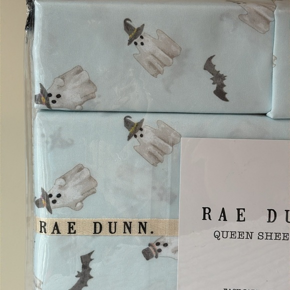 $4.99 SHIPPING Rae Dunn Queen Sheet Set light Blue boo bats...